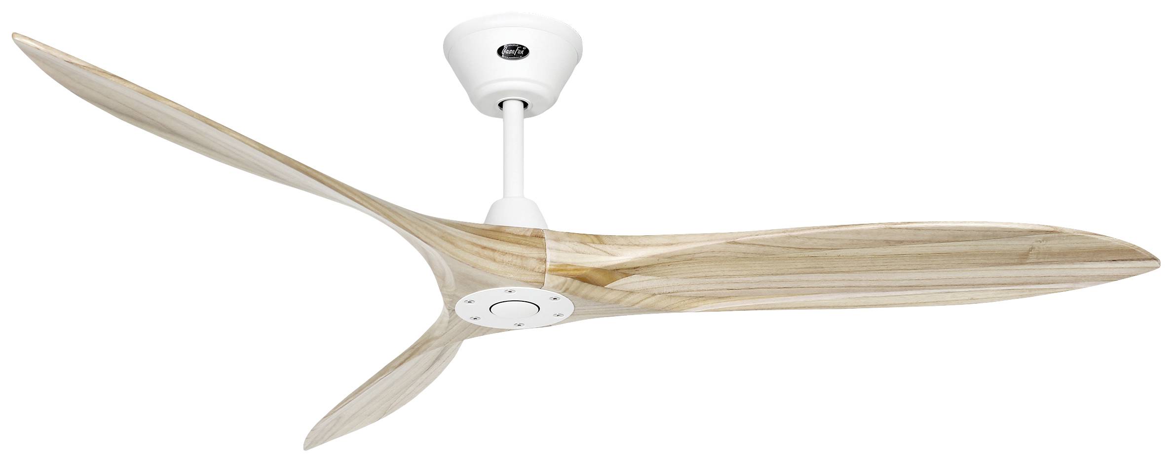 Ventilatore da soffitto con tre pale color legno e involucro bianco.