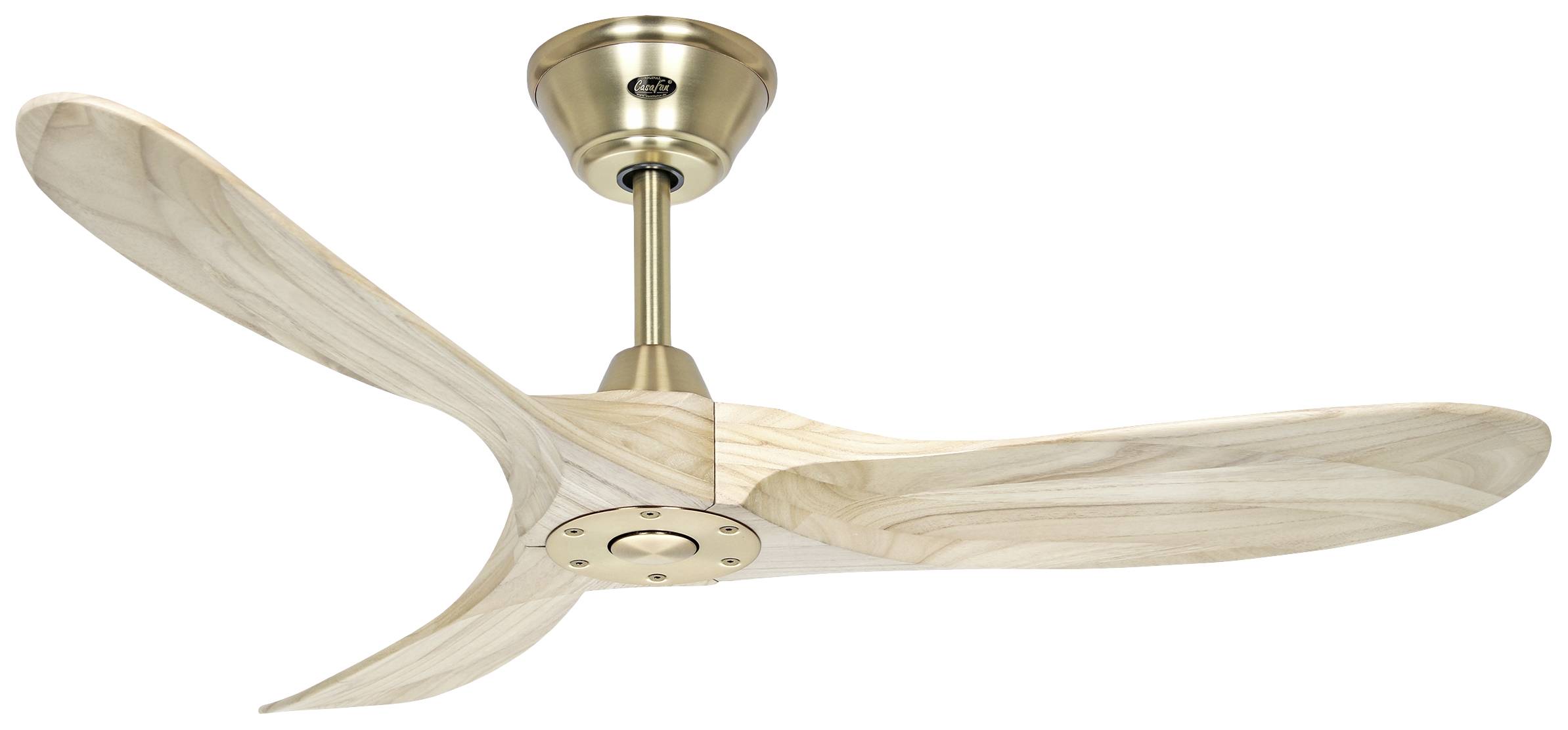Ventilatore da soffitto con pale in legno moderne e involucro color oro, progettato con stile per interni.