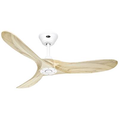 Ventilatore da soffitto con tre pale in legno curve e involucro bianco, montato su un soffitto bianco.