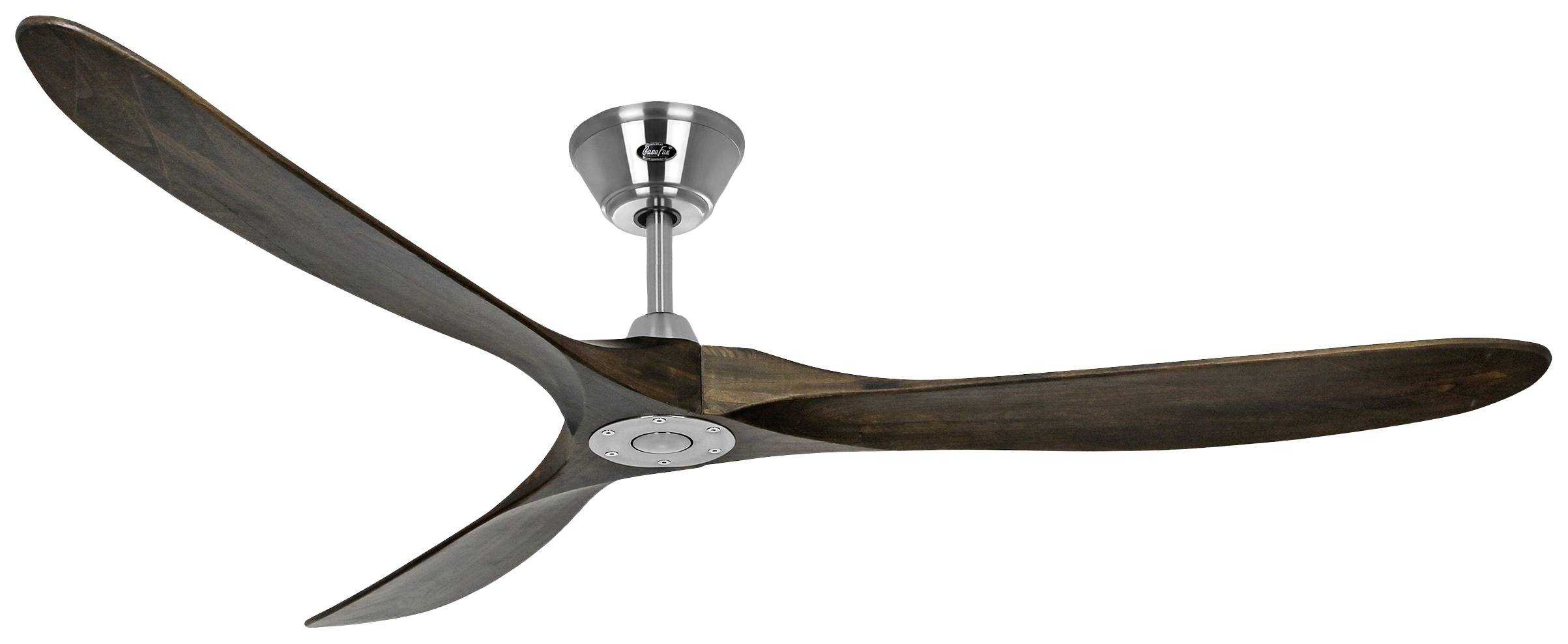 Ventilatore da soffitto a tre pale in legno scuro con attacco metallico al soffitto, adatto per interni moderni.