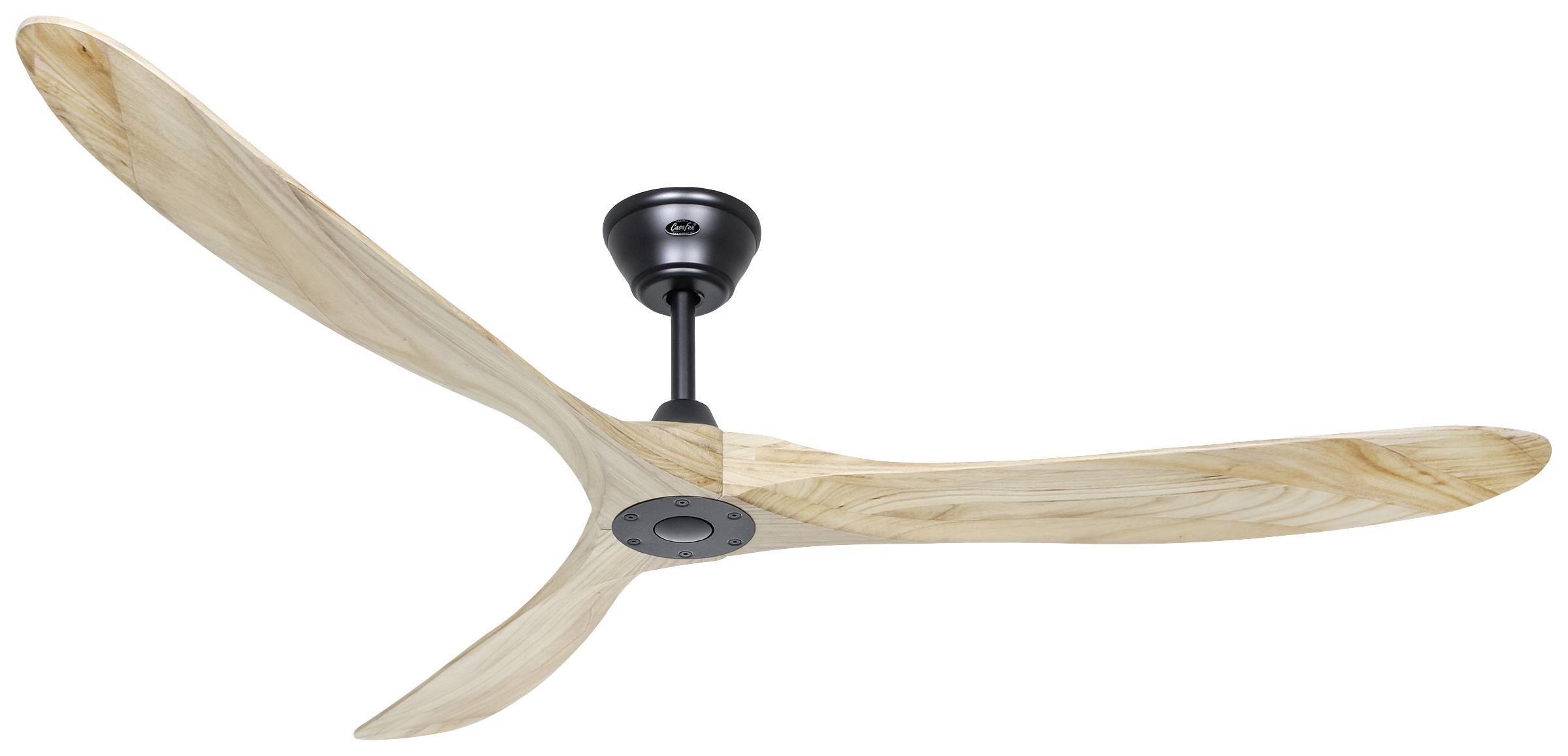 Un ventilatore da soffitto con tre pale in legno curve e sospensione in metallo nero, su sfondo bianco.
