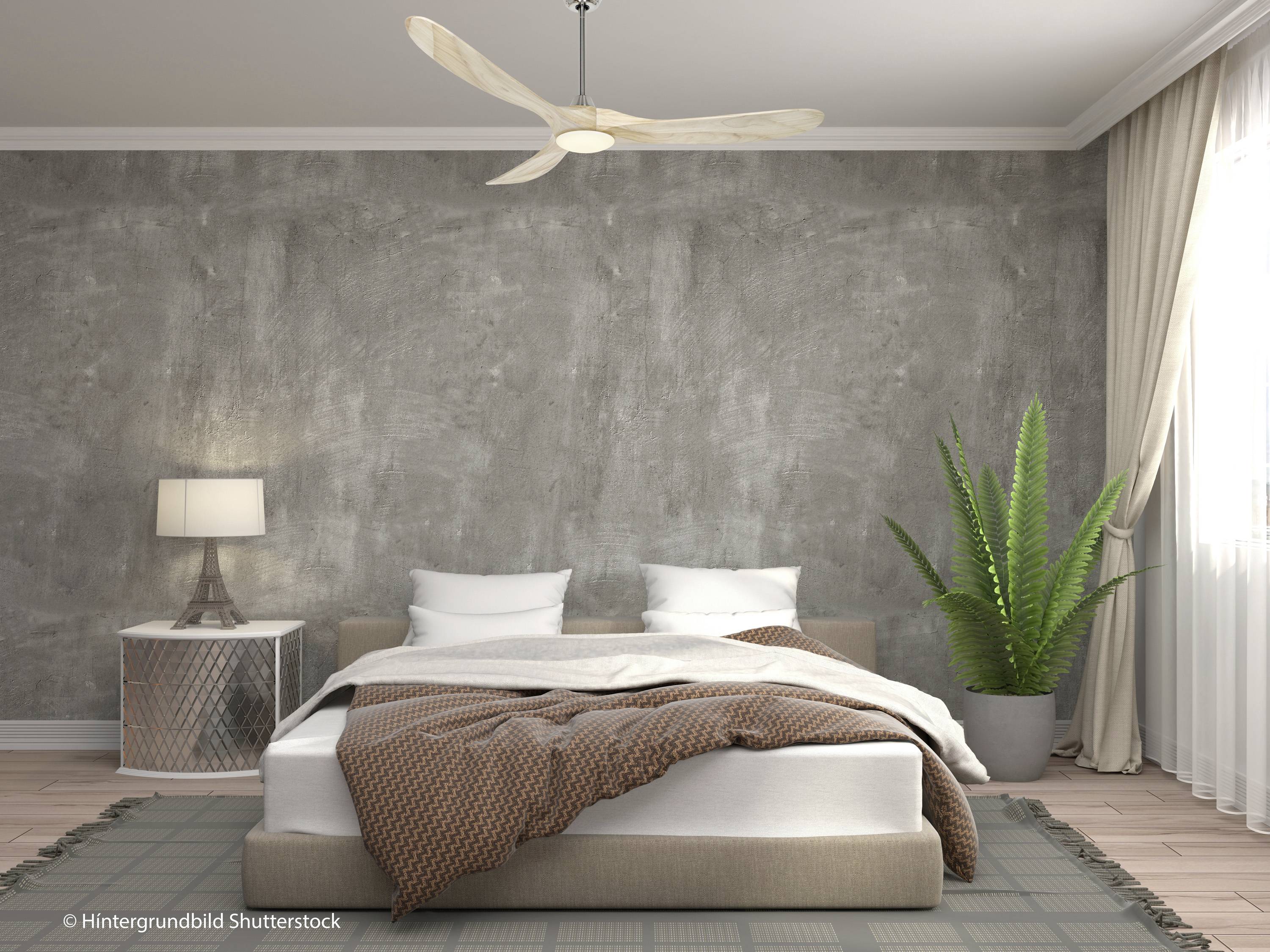 Una camera da letto moderna con un grande letto, una lampada da comodino e una pianta verde accanto alla finestra con tende bianche.