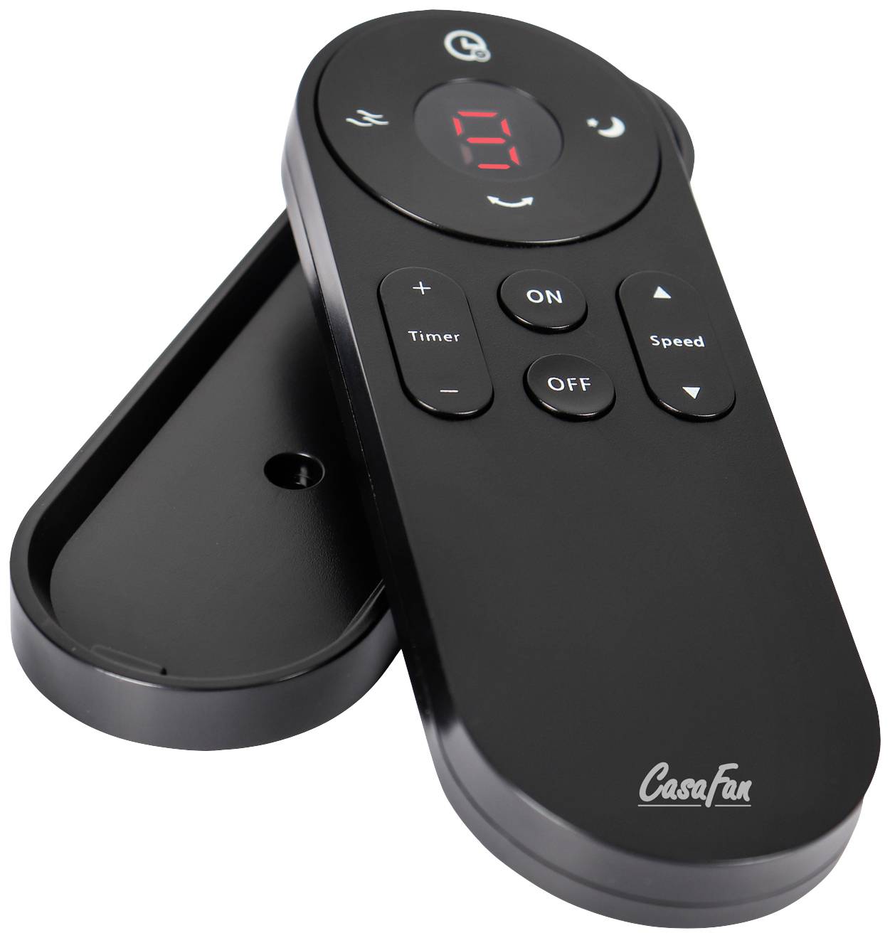 Telecomando nero con display digitale e tasti per 'Timer', 'ON', 'OFF' e 'Velocità'. Logo del marchio in basso.