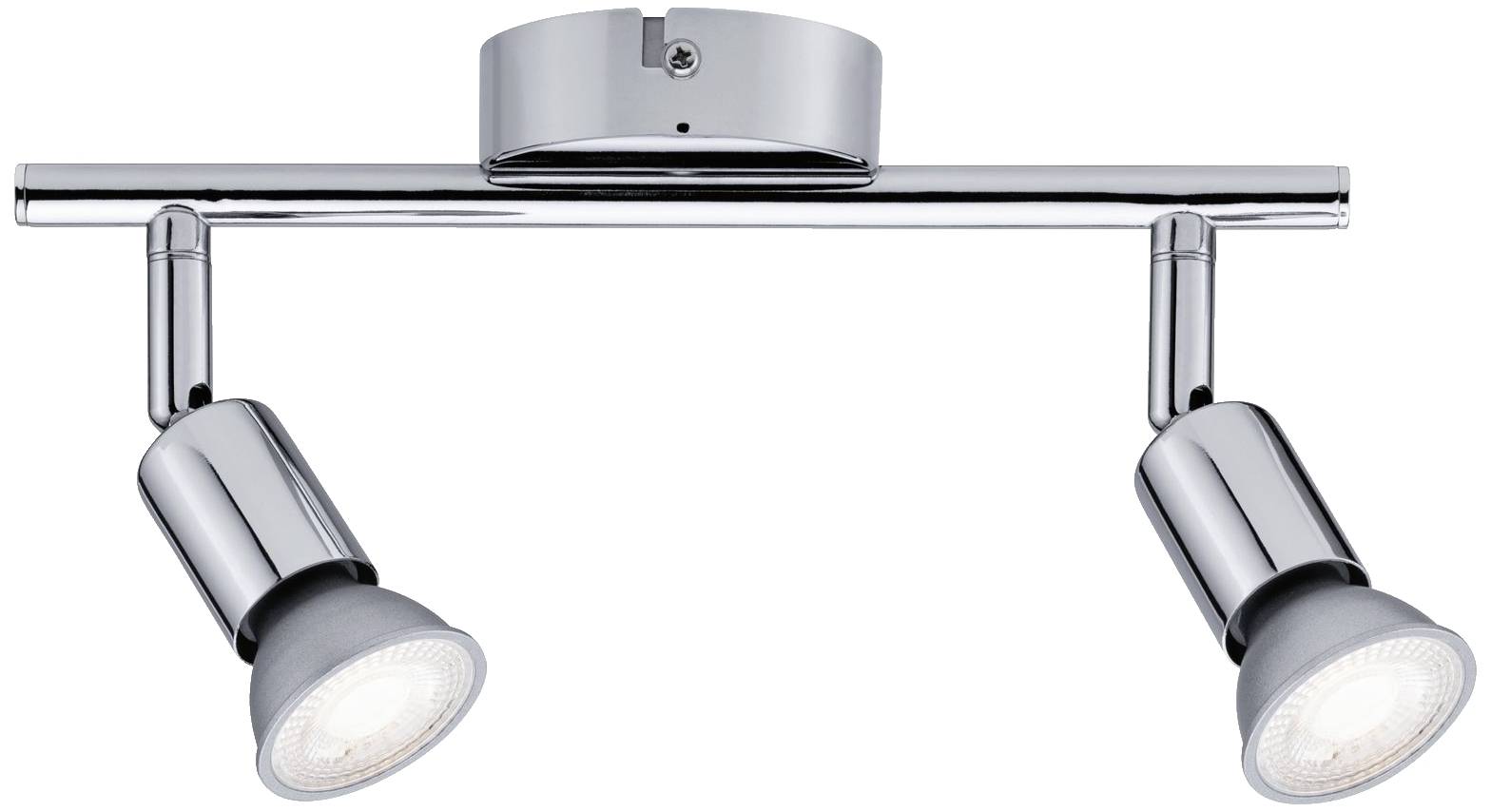 Plafoniera a due luci cromata con spot regolabili per un'illuminazione mirata. Ideale per ambienti domestici moderni.