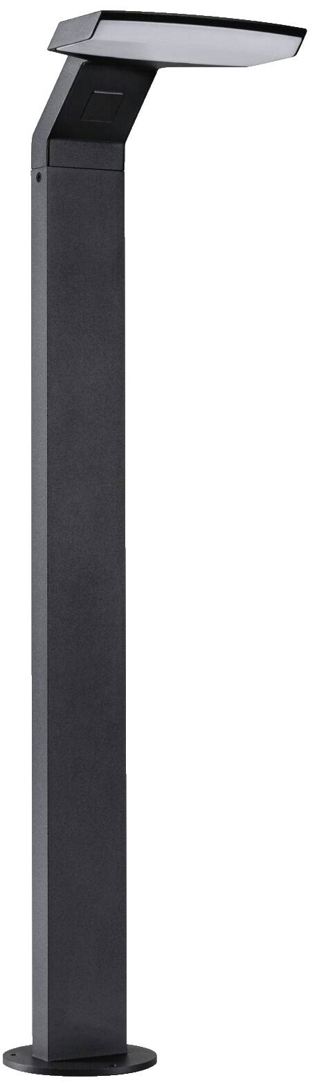 Una lampada esterna nera di design moderno, montata su un palo rettangolare, con una testa leggermente inclinata per illuminare i percorsi.