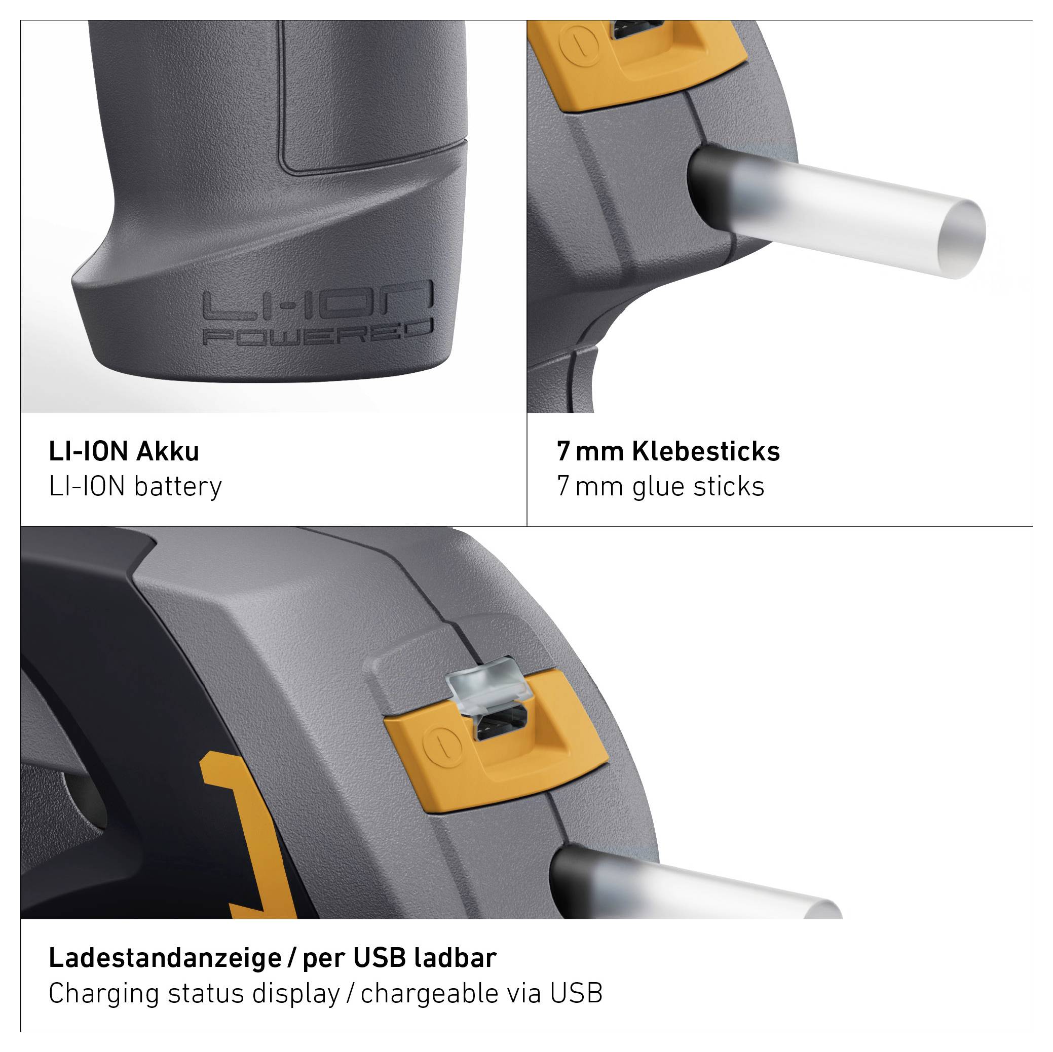 Infografica di una funzione di pistola per colla a caldo a batteria: batteria agli ioni di litio, stick di colla da 7 mm e indicatore di carica tramite USB.