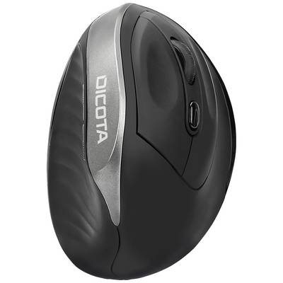 Un mouse ergonomico nero con accenti argentati e una rotella di scorrimento.