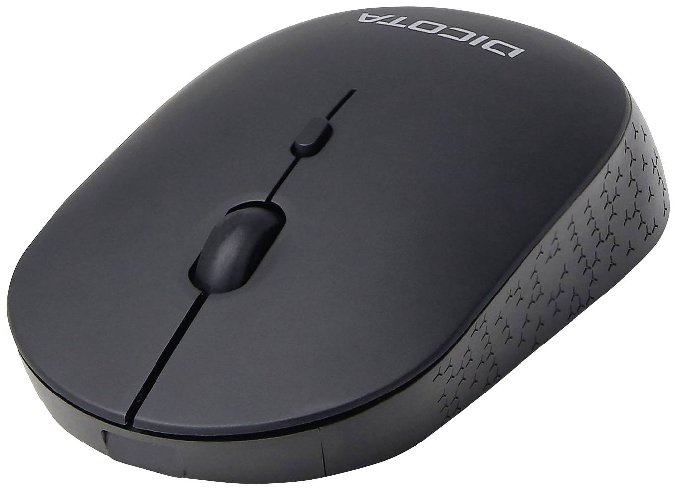 Mouse nera wireless con rotella di scorrimento e motivi laterali. Sulla parte superiore è visibile la scritta 'DICTOP'.