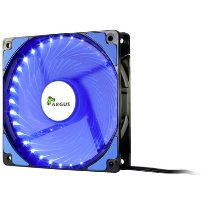 Ventola per computer blu con luce LED e logo 'Argus' al centro. Un cavo di connessione è visibile.