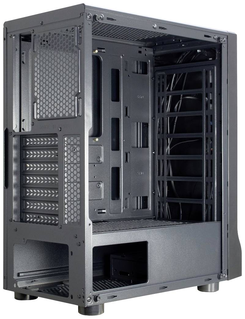 Case per PC in metallo, aperto con vista sull'interno; offre spazio per più hard disk, schede di espansione e un sistema di ventilazione.