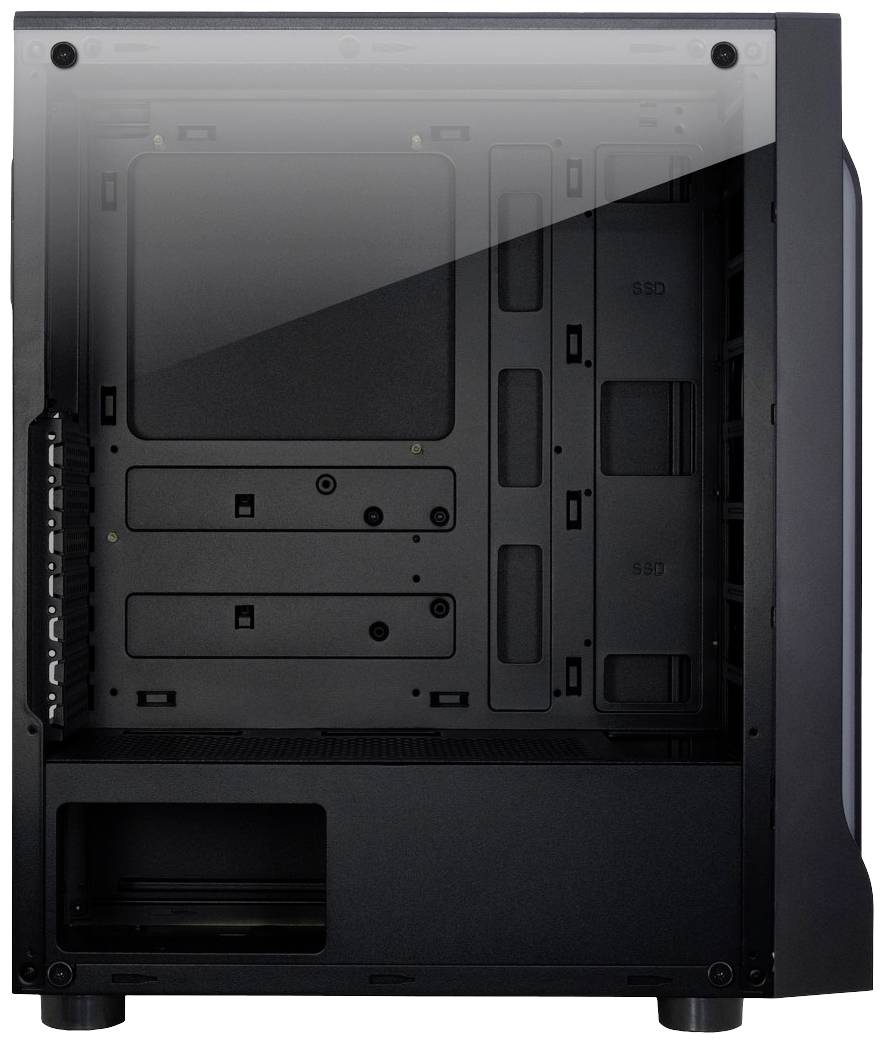 Case per computer con lato trasparente, mostra lo spazio interno vuoto per componenti hardware come scheda madre, hard disk e alimentatore.