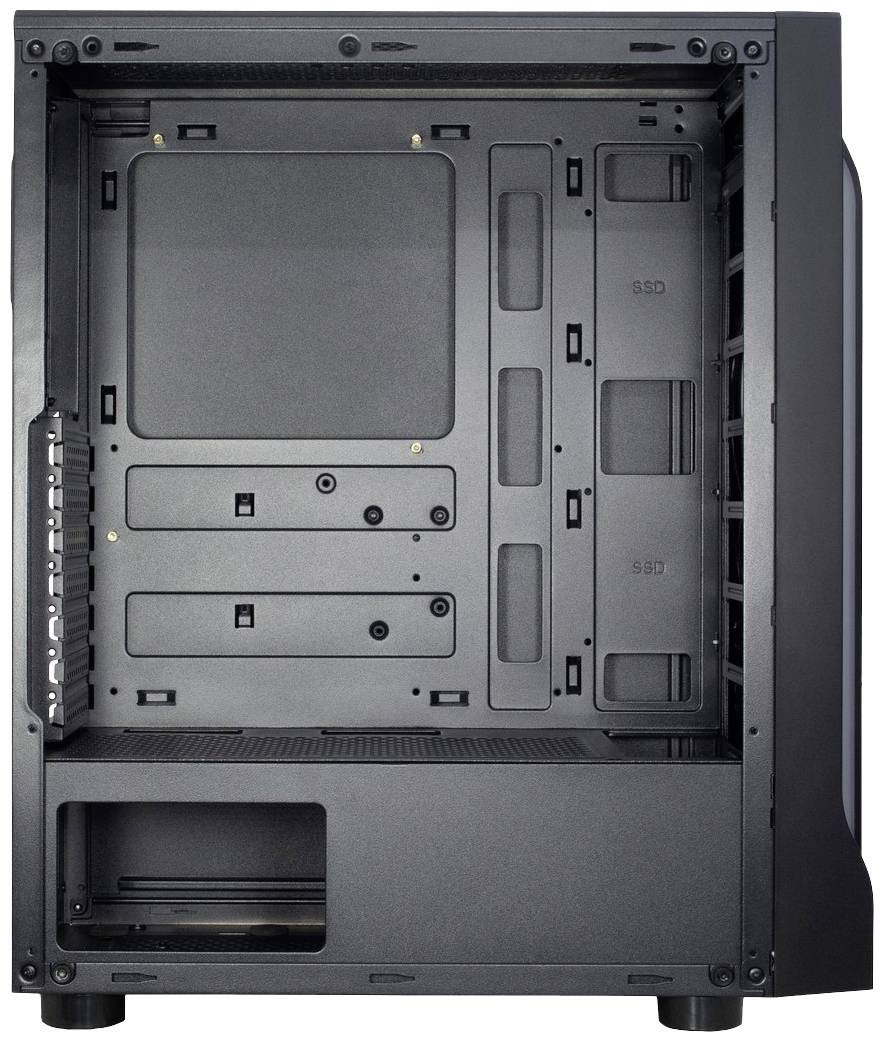 Custodia per computer in nero, aperta lateralmente. Supporti visibili per scheda madre, unità e ventole. Nessun componente interno montato.