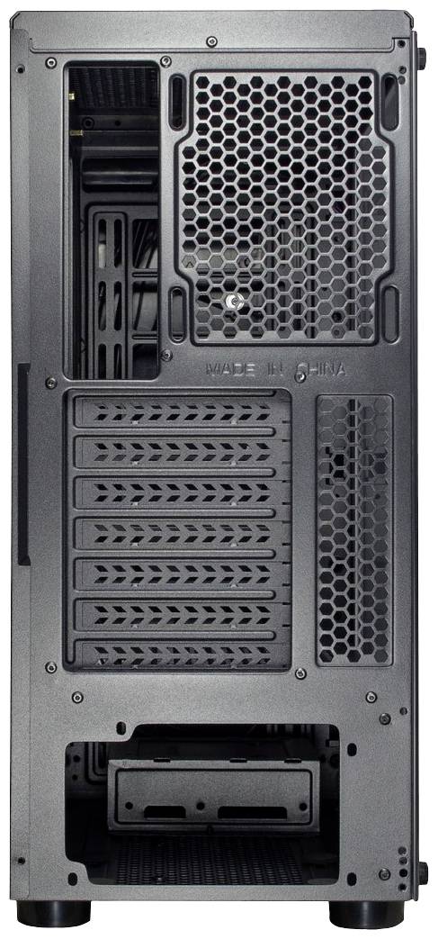 Retro di un case per computer con diverse coperture degli slot e ventilazione a griglia. In basso è presente uno slot aperto.