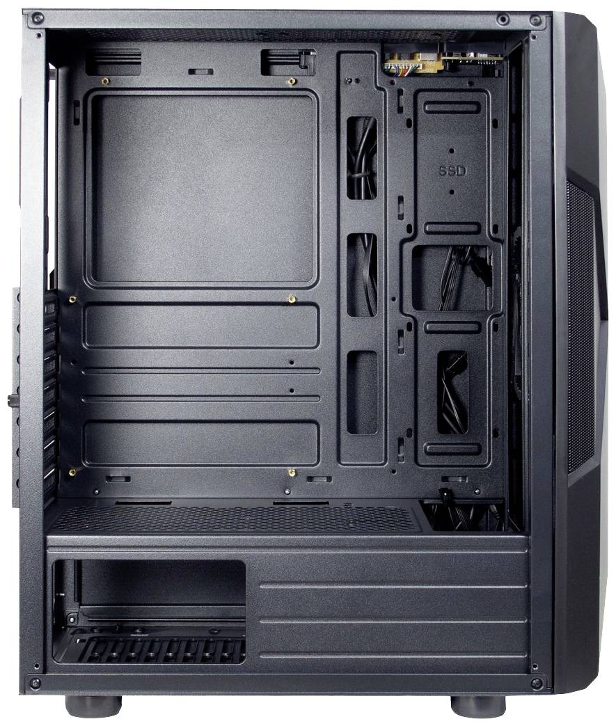 Un case di computer aperto senza componenti installate; visibili diversi slot per unità.