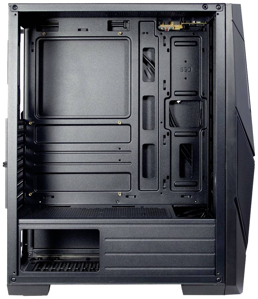 Custodia per computer vuota in nero, formato ATX. Mostra il telaio interno e lo spazio per scheda madre, alimentatore e unità.