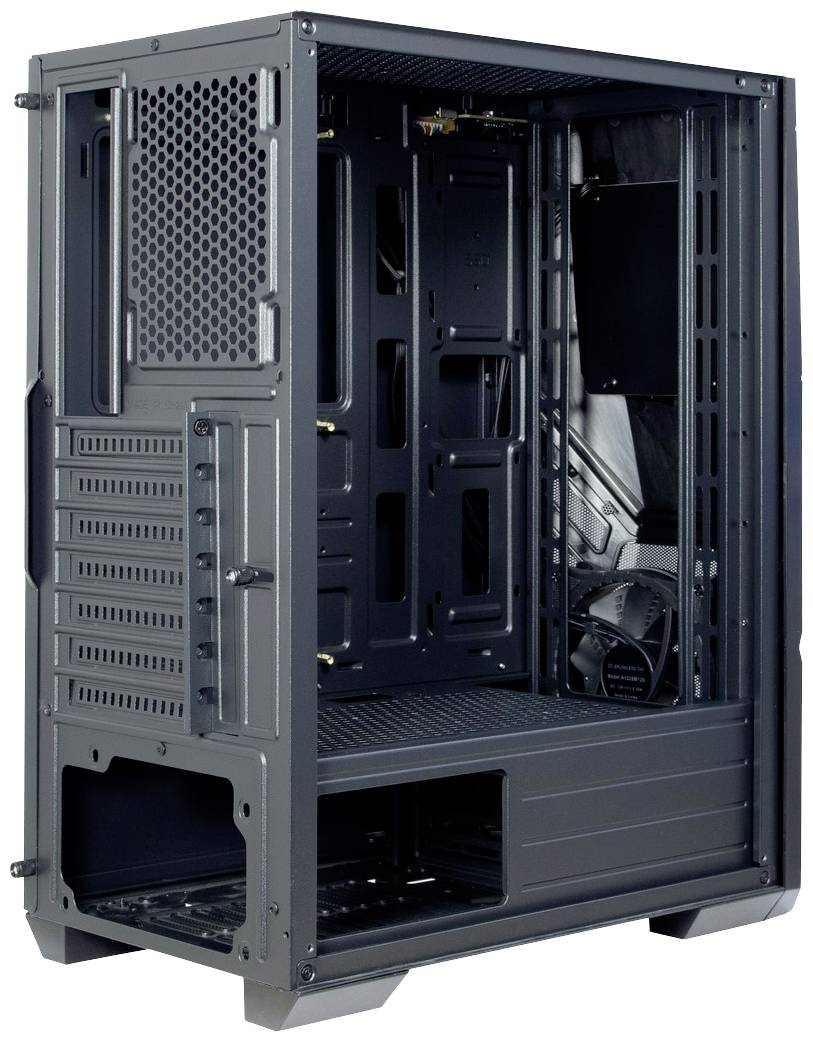 Involucro di un PC in uno stato aperto. Mostra l'interno con supporti per componenti come scheda madre, unità e ventole.