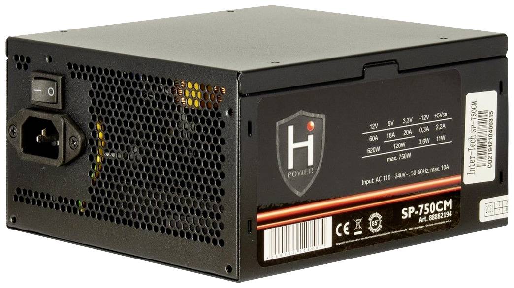 Un alimentatore nero per computer con la denominazione 'H Power SP-750CM', che mostra specifiche: potenza da 750W, vari output di tensione.
