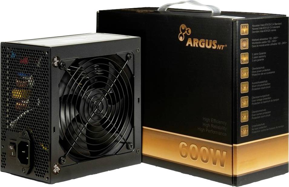 Un alimentatore nero per computer con ventola e connettori per cavi è posizionato davanti a un imballaggio nero con la scritta 'ARGUS 600W'.