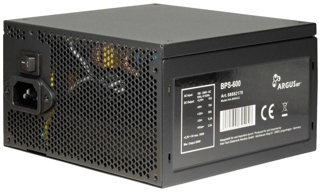 Un alimentatore nero per computer del marchio Argus con griglia di ventilazione e diversi valori di connessione sul lato destro.