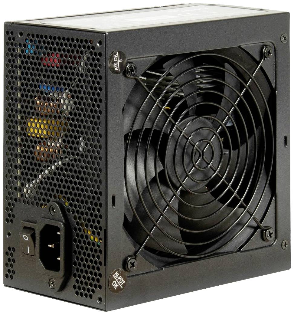 Un alimentatore nero per computer con ventola e connettore di rete. Ha una copertura a griglia per la ventilazione.