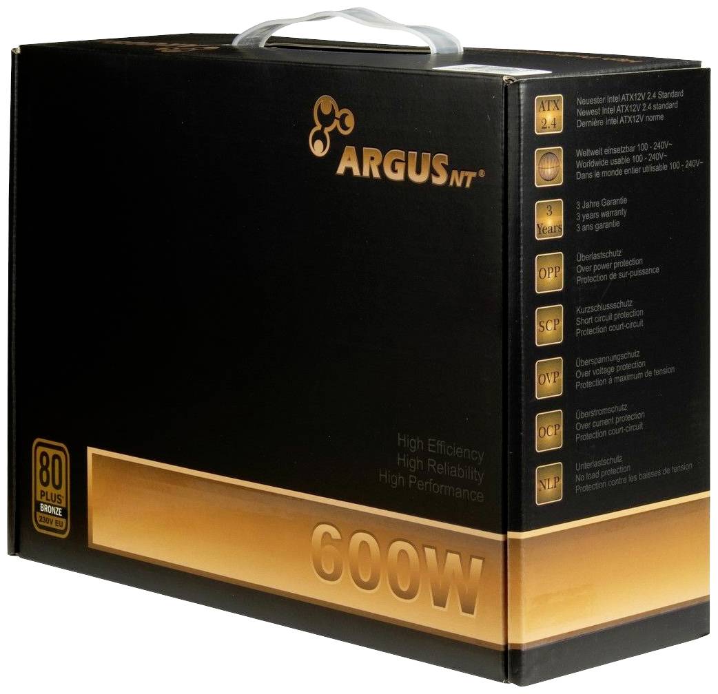 Confezione di alimentatore per computer 'ARGUS NT', potenza 600W, certificazione 80 Plus Bronze, con indicazioni sul risparmio energetico e dettagli funzionali.