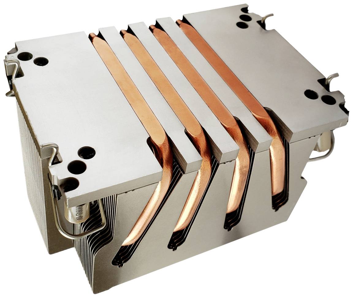 Grande dissipatore di calore per CPU con più heat pipe in rame e dissipatori in alluminio, progettato per la dissipazione efficace del calore nei computer.