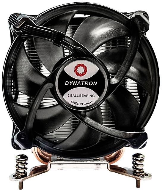 Ventilatore con rotore nero, contrassegnato con 'DYNATRON', mostra il nome dell'azienda e l'origine 'MADE IN CHINA'. Ideale per prodotti di raffreddamento.