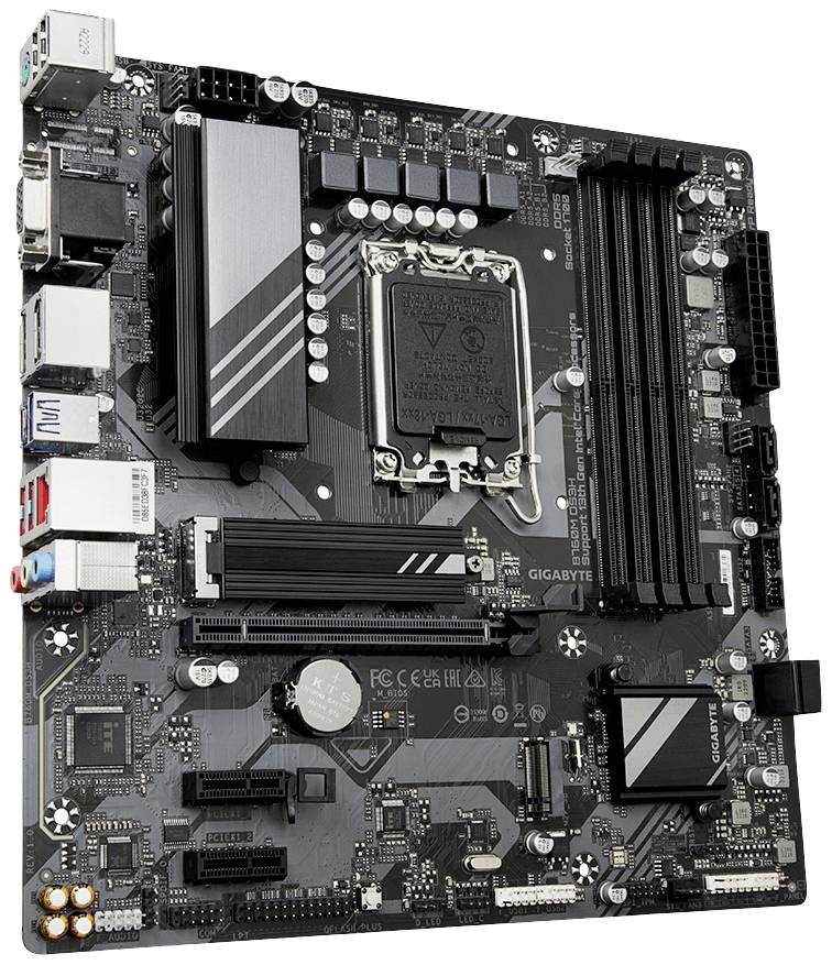 Una scheda madre nera con diversi slot per RAM, porte USB e un ampio socket del processore al centro.