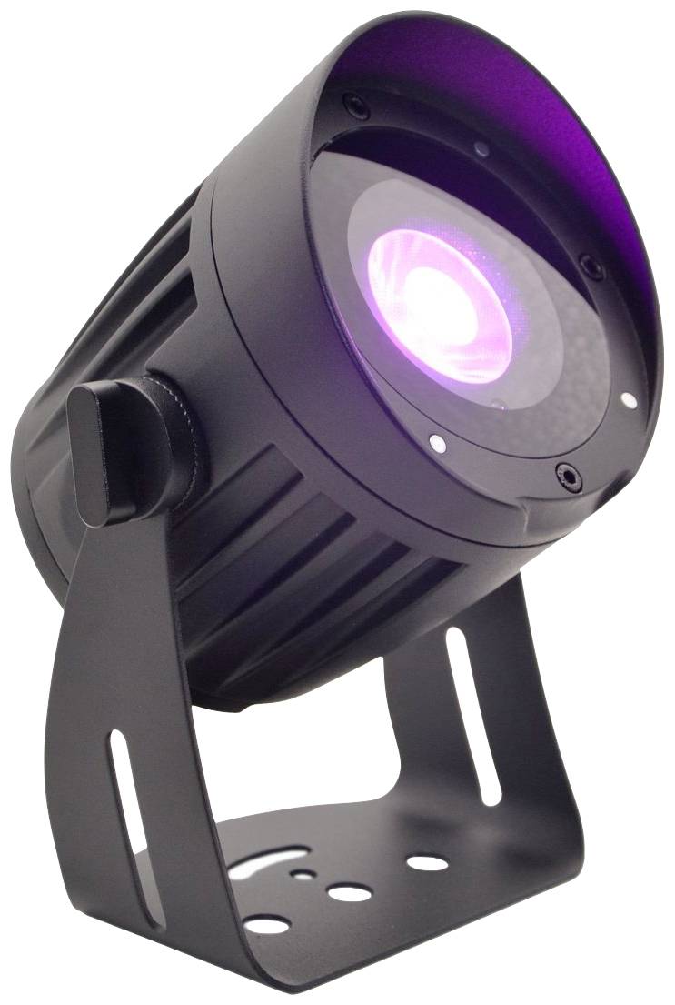 Un proiettore LED nero con luce viola, potenzialmente adatto per illuminazione scenica o applicazioni esterne.