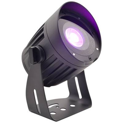 Un proiettore LED nero con luce viola, potenzialmente adatto per illuminazione scenica o applicazioni esterne.