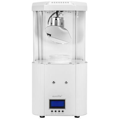 Un proiettore Eurolite bianco con involucro trasparente, sistema lampada visibile, display digitale e pulsanti di controllo sul lato frontale.