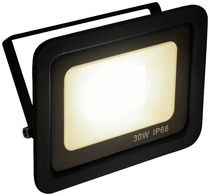 Proiettore LED nero con luce bianca, contrassegnato con '30W IP66', idoneo per illuminazione esterna e resistente alle intemperie.