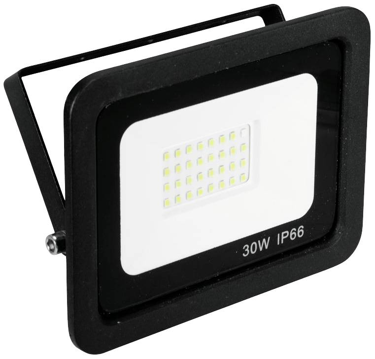 Proiettore LED da esterno rettangolare con corpo nero, potenza 30W, grado di protezione IP66, idoneo per l'utilizzo all'aperto.