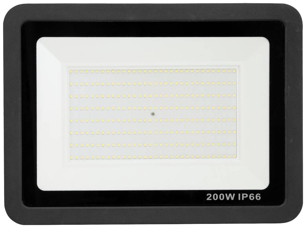 Un proiettore LED rettangolare con cornice nera, contrassegnato con '200W IP66', mostra numerose piccole diodi luminosi.