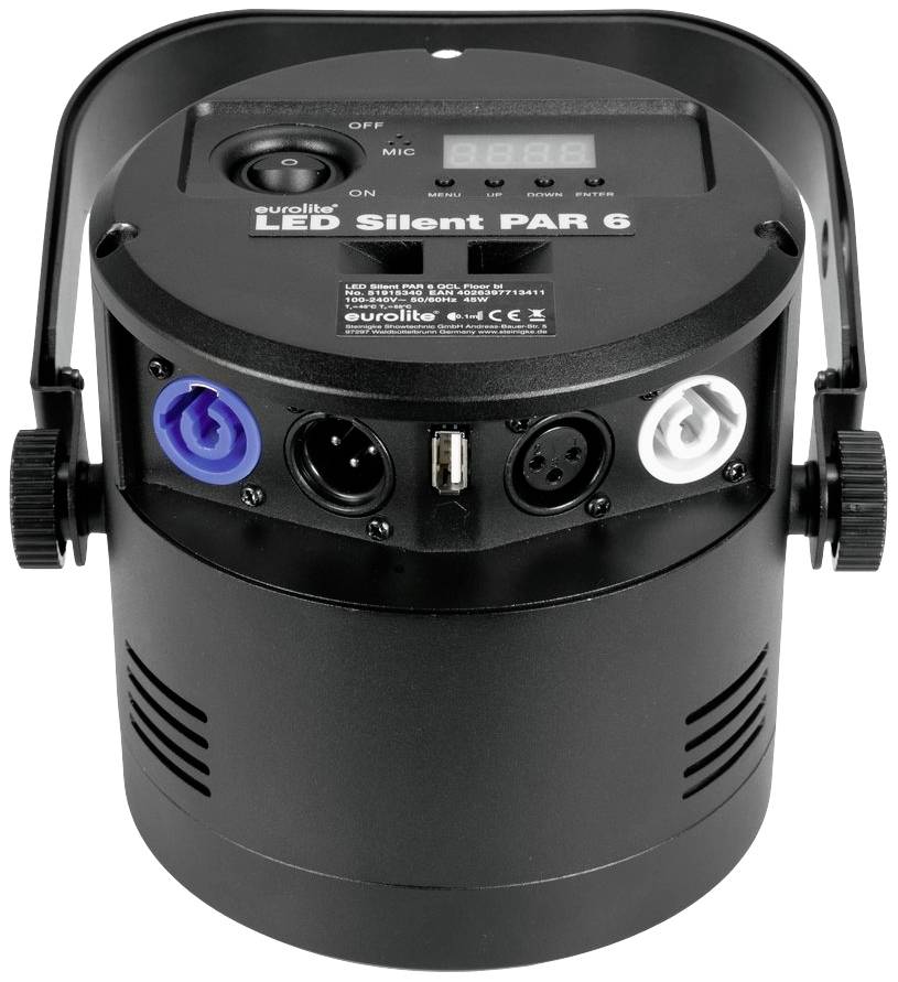 Un proiettore LED 'Eurolite LED Silent PAR 6' con connessioni DMX e un pannello di controllo per la gestione degli effetti luminosi.