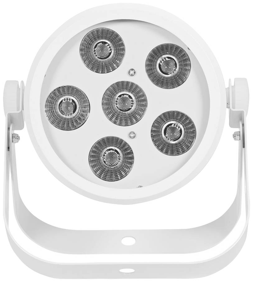 Una lampada LED circolare con sei lampadine in un involucro bianco. È montata su un supporto regolabile.