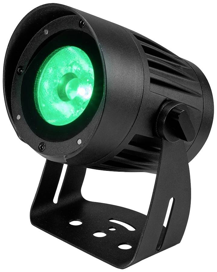Proiettore a LED nero da terra su un supporto, illumina di verde. Ideale per l'illuminazione scenica o per eventi.
