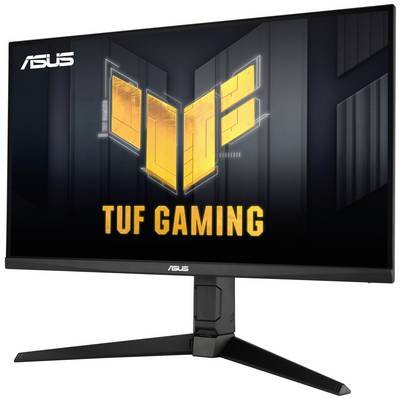 Monitor da gaming ASUS con logo e scritta 'TUF Gaming' sullo schermo, chassis nero con base robusta.