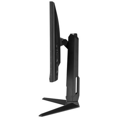 Vista laterale di un monitor per computer moderno montato su un supporto. Il design è sottile e minimalista.