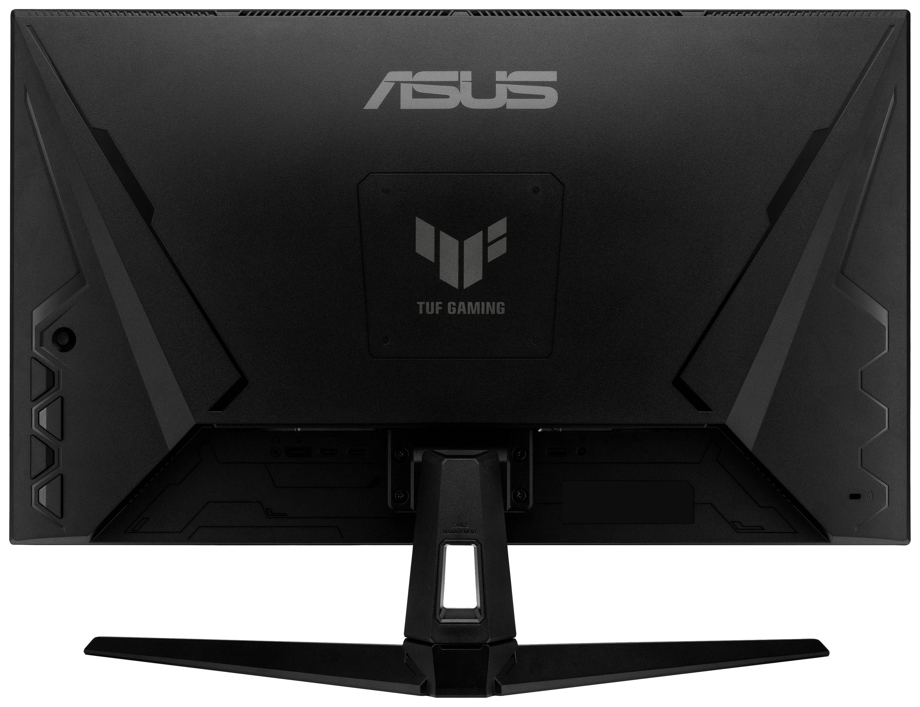 Vista posteriore di un monitor da gaming nero del marchio ASUS, modello TUF Gaming, con un supporto stabile ed elementi di design geometrici.
