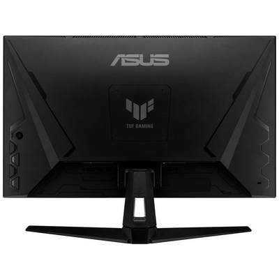 Vista posteriore di un monitor da gaming nero del marchio ASUS, modello TUF Gaming, con un supporto stabile ed elementi di design geometrici.