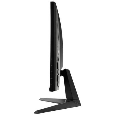 Sguardo snello e laterale su un monitor per computer, posizionato su una base scura, con comandi visibili sul lato.
