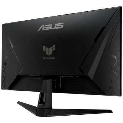 Vista posteriore di un monitor da gaming Asus TUF nero con un design elegante e loghi distintivi sulla scocca.