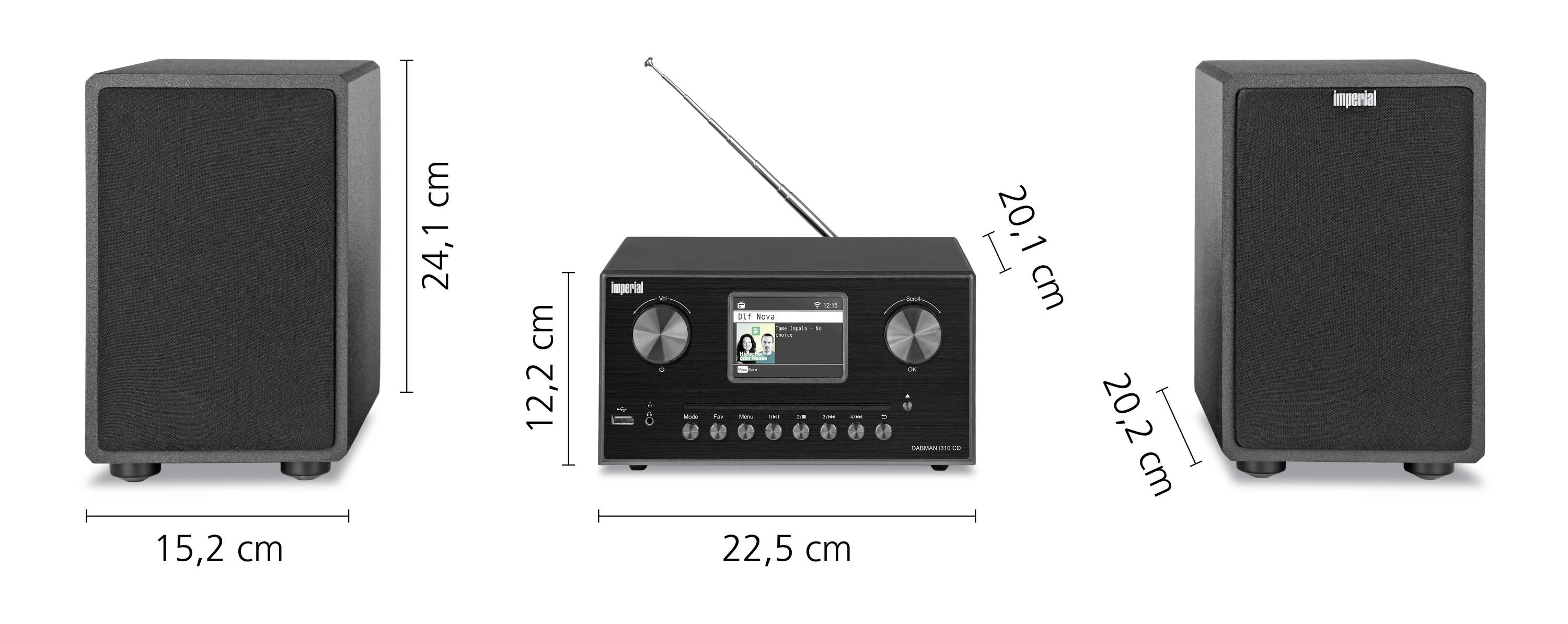 Impianto stereo con due altoparlanti. Centrale: ricevitore con display e tasti. Dimensioni: ricevitore 22,5x12,2 cm, altoparlanti 15,2x24,1 cm.