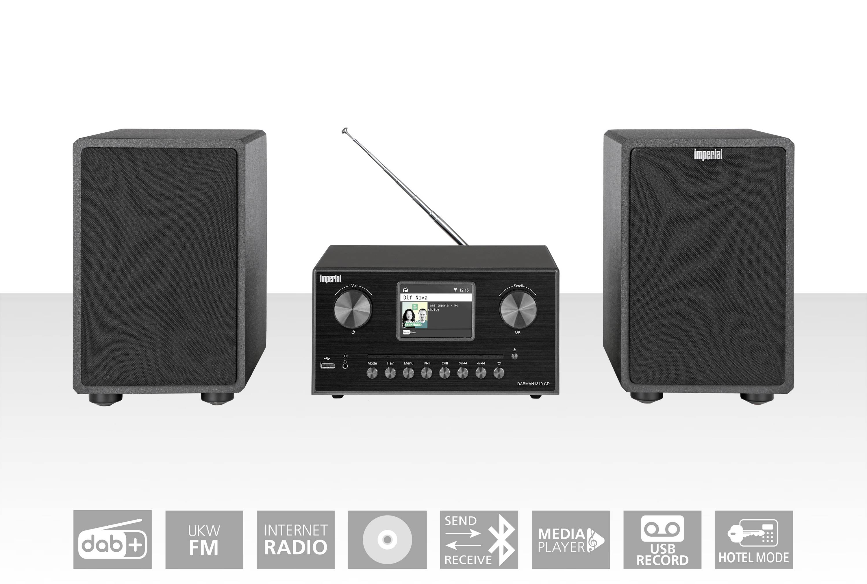 Impianto stereo con display frontale, due altoparlanti e un'antenna. Supporta DAB+, FM, radio internet, USB, lettore multimediale.