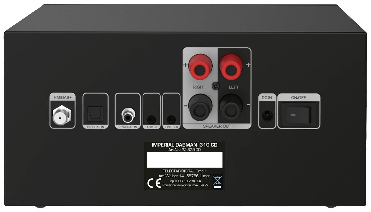 Vista posteriore di un dispositivo audio con connessioni: FM/DAB+, coassiale, ottico, Line In, USB, uscita altoparlanti, ingresso DC, interruttore On/Off.