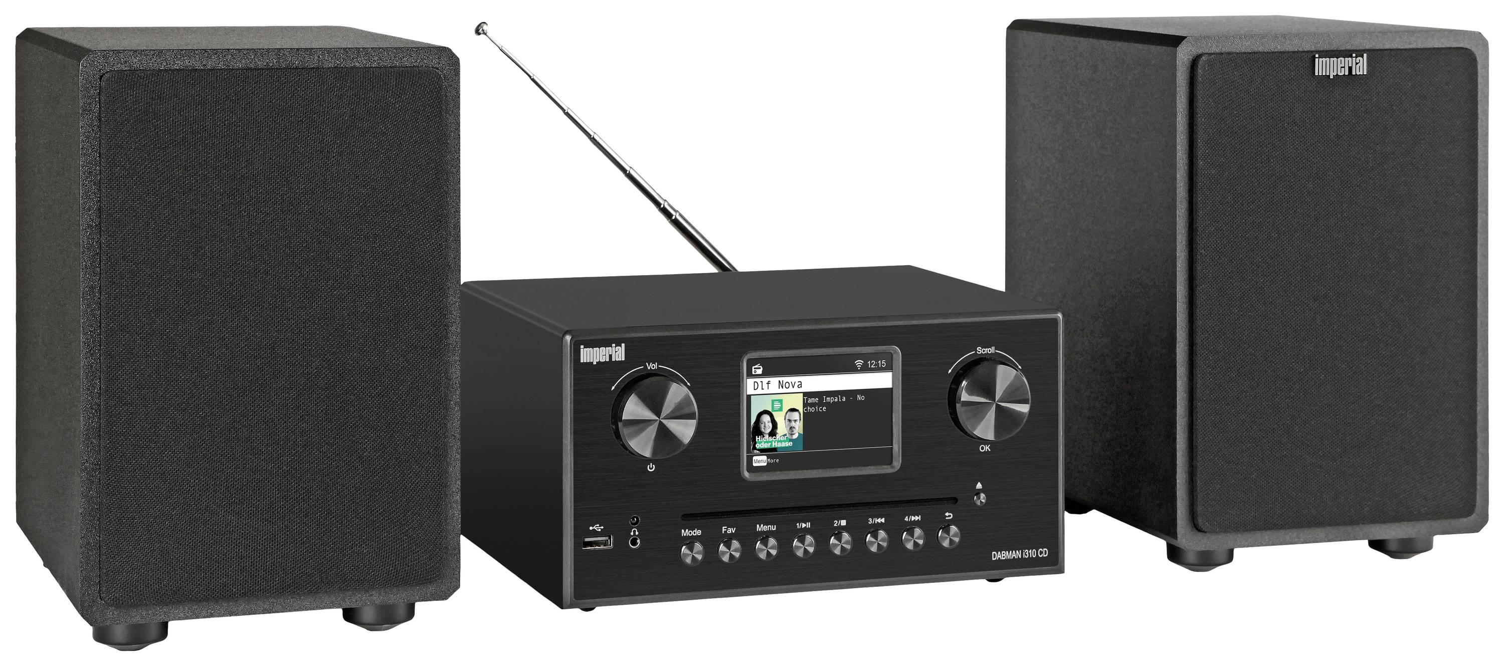 Impianto stereo con due altoparlanti e un ricevitore centrale con schermo. Il ricevitore ha bottoni e un'antenna sporgente.