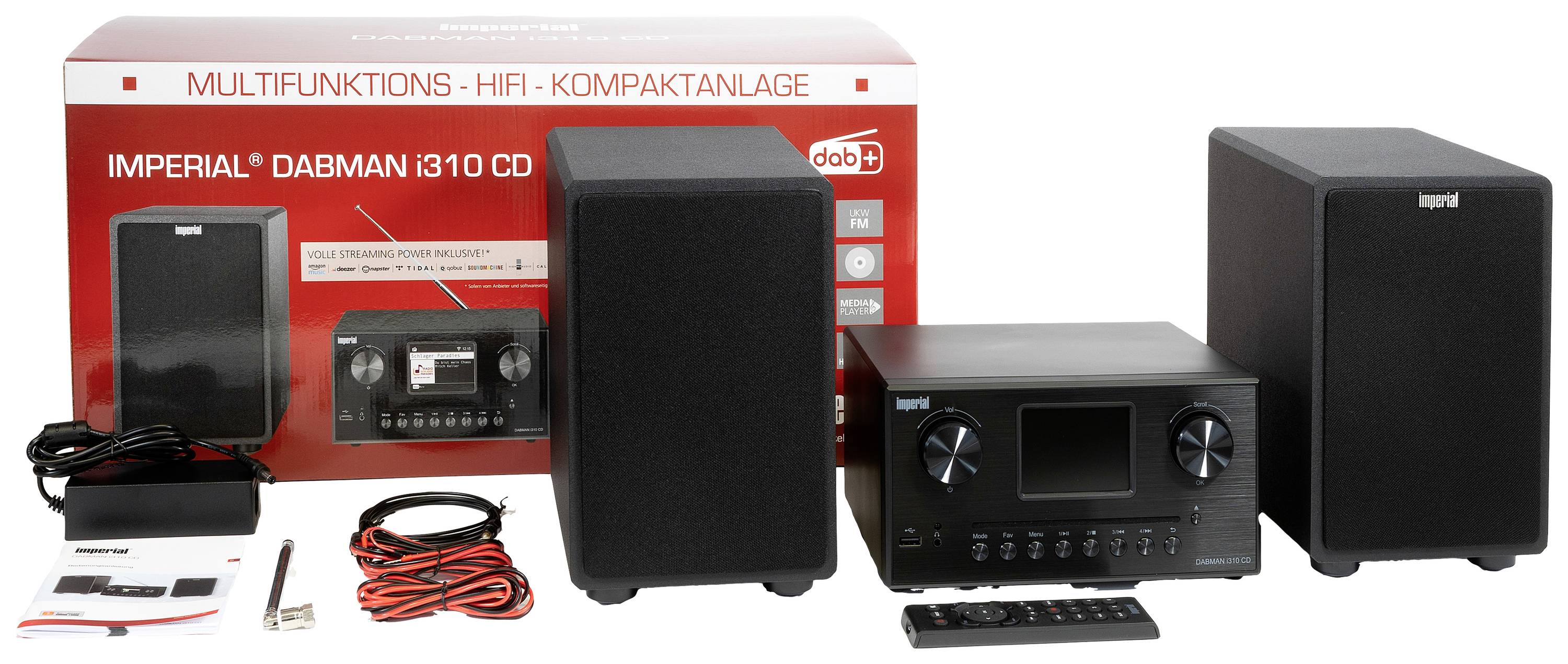 Sistema audio completo con radio DAB+, lettore CD, altoparlanti e accessori. La confezione mostra le principali funzioni e caratteristiche.