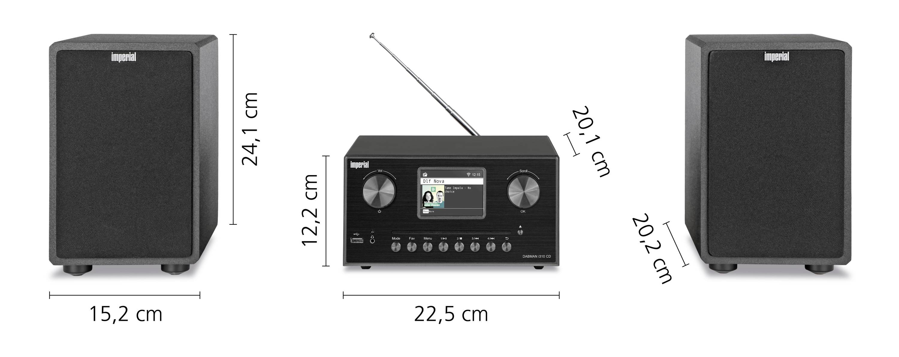 Sistema Soundsystem 'Imperial' composto da due altoparlanti e un'unità principale con display e antenna. Dimensioni: altoparlanti 15,2 x 24,1 cm, unità principale 22,5 x 12,2 cm.
