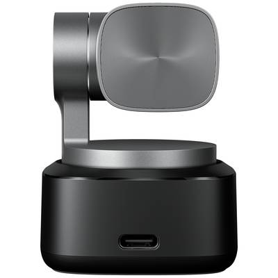 Un microfono grigio, moderno, con testa orientabile e connettore USB-C, poggia su un piedistallo nero.